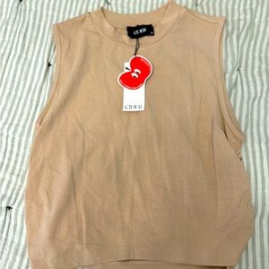 Camel colored crop top with side ruching. NWT